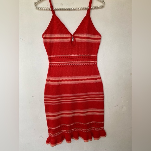 Red and White Bodycon  knit Mini Dress with Spaghetti Straps summer vacation - Picture 1 of 8